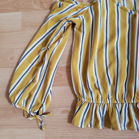 BNWOT chocolate blue mustard yellow striped cold shoulder blouse top small - Picture 3 of 5